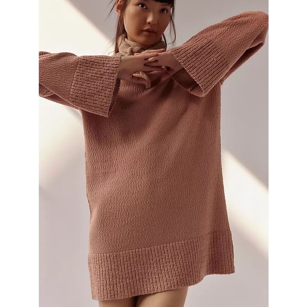 Free People FP Beach Melanie Brown Boucle Knit Oversized Tunic Sweater Size XS